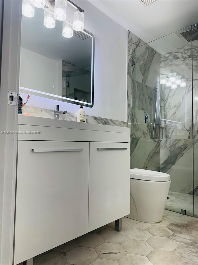 bathroom featuring toilet, walk in shower, and vanity