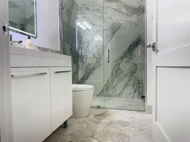 bathroom featuring walk in shower, vanity, and toilet