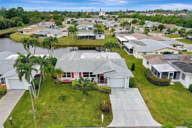 aerial view featuring a water view