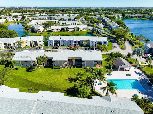 aerial view featuring a water view