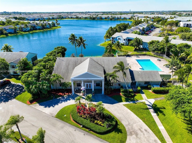 aerial view featuring a water view