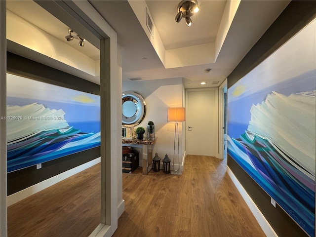 hallway featuring a tray ceiling and hardwood / wood-style floors