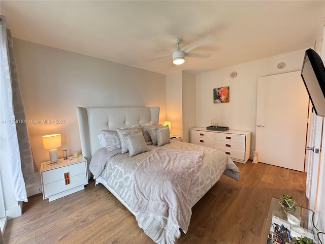 bedroom with hardwood / wood-style flooring and ceiling fan