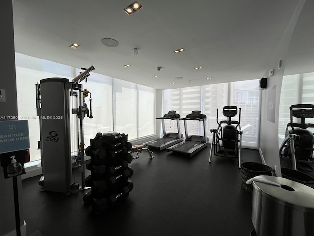 gym featuring a wall of windows and a healthy amount of sunlight