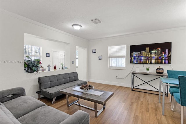 living room featuring light wood-type flooring, crown molding, and a textured ceiling