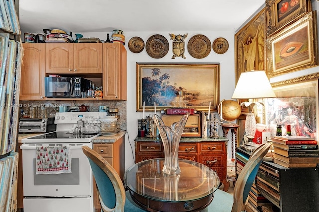 kitchen featuring white electric stove and tasteful backsplash