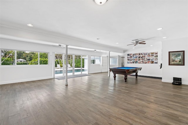 game room featuring a pool, wood-type flooring, billiards, and ceiling fan