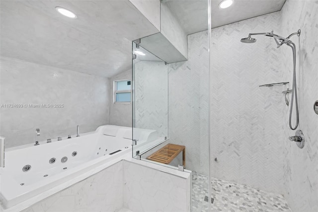 bathroom with vaulted ceiling and plus walk in shower