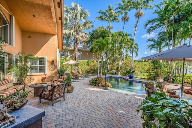 view of pool with an outdoor living space with a fire pit and a patio