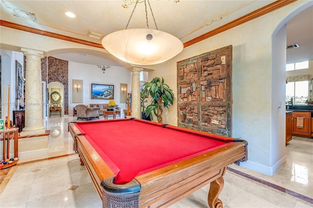 recreation room featuring ornamental molding, billiards, and ornate columns