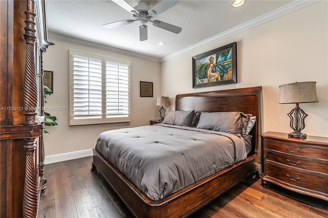 bedroom with ceiling fan, crown molding, and dark hardwood / wood-style floors