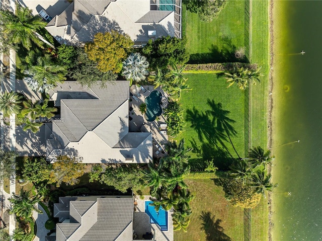 aerial view featuring a water view