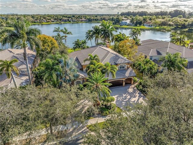 drone / aerial view with a water view