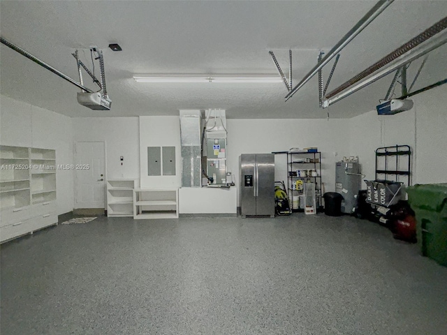 garage featuring gas water heater, electric panel, and a garage door opener