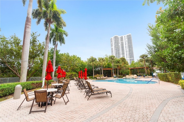 view of swimming pool featuring a patio area