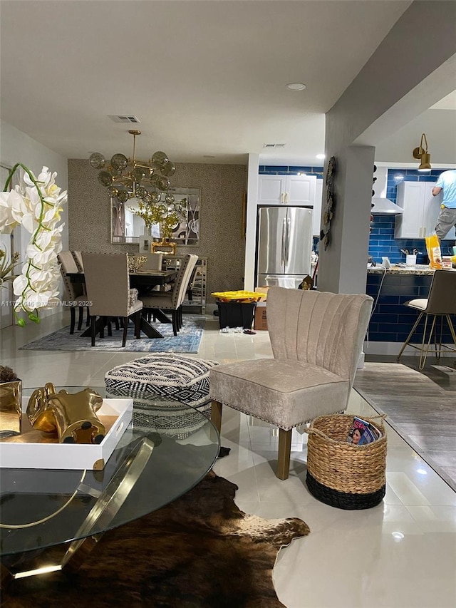 living room featuring tile patterned flooring