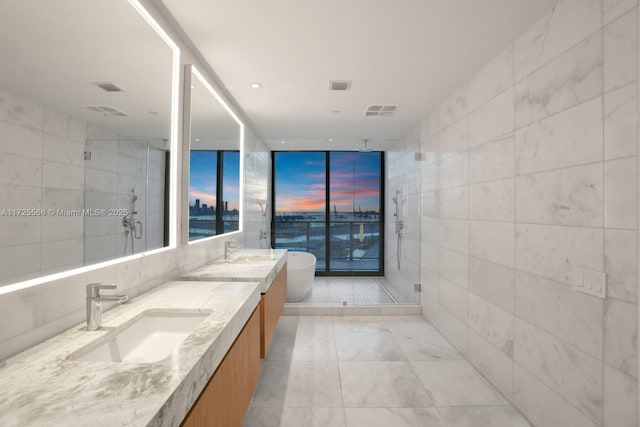 bathroom with tile walls, a shower with shower door, and vanity