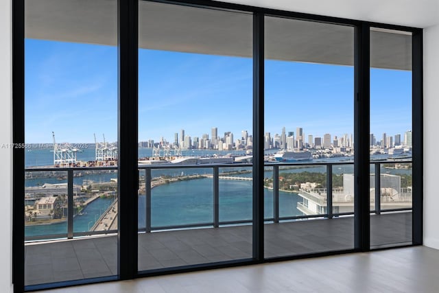 entryway with hardwood / wood-style flooring, a healthy amount of sunlight, floor to ceiling windows, and a water view