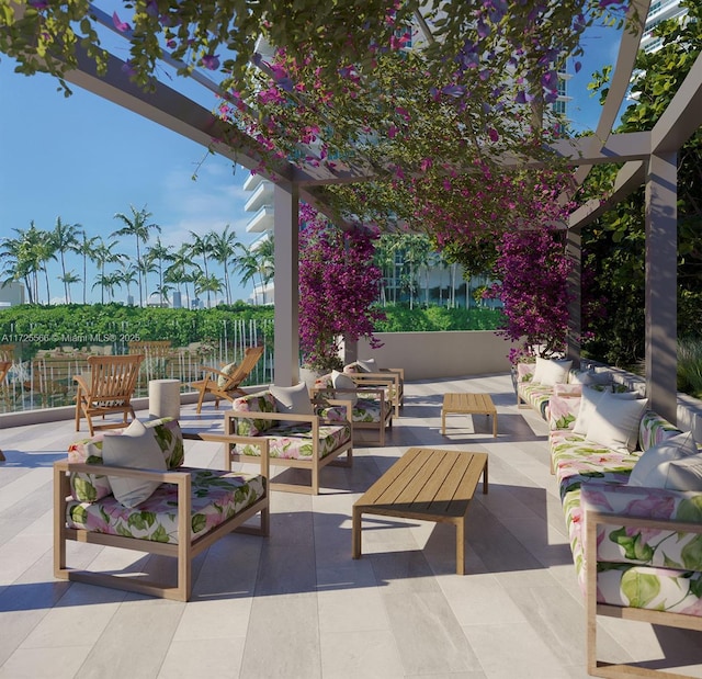 view of patio with a pergola and outdoor lounge area