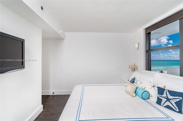 bedroom featuring a water view and dark hardwood / wood-style floors