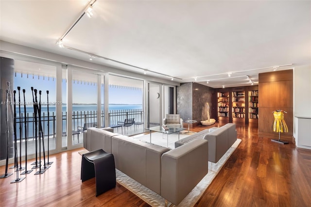 living room featuring plenty of natural light, rail lighting, wood-type flooring, and a water view