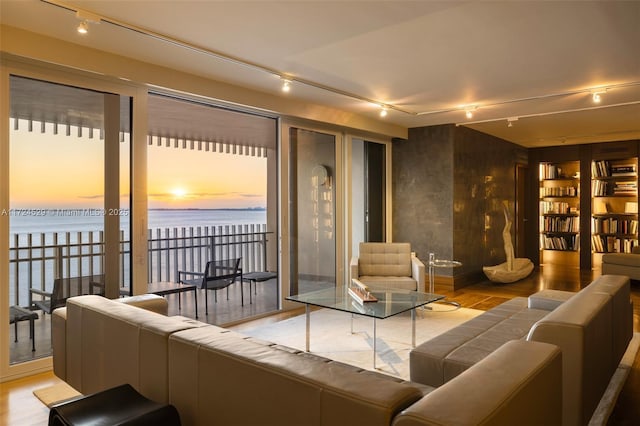 living room with light wood-type flooring and a water view