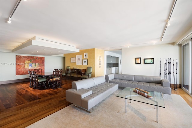 living room with track lighting and light wood-type flooring