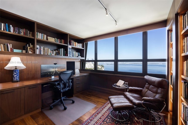 office area with built in shelves and dark hardwood / wood-style floors