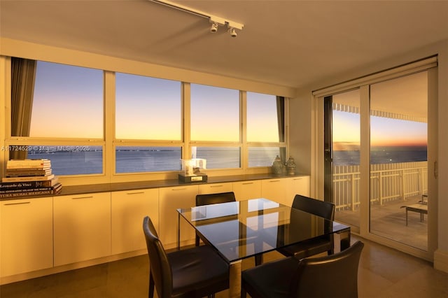 dining room featuring track lighting and a water view