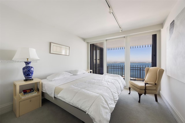 bedroom with access to outside, track lighting, dark colored carpet, and a water view