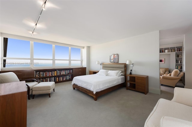 carpeted bedroom featuring track lighting, multiple windows, and a water view