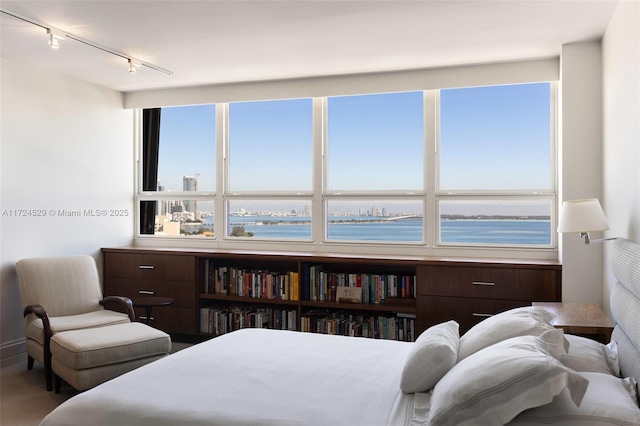 bedroom featuring a water view