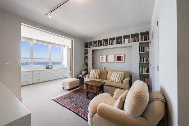 living room with carpet flooring, built in features, and a water view