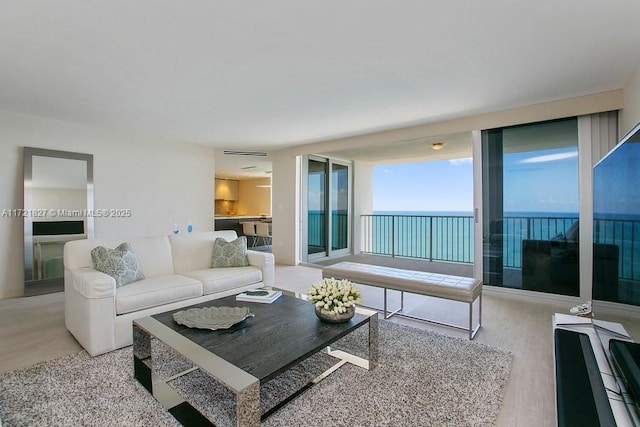 living room featuring floor to ceiling windows and light wood-type flooring