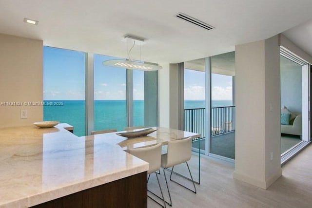 dining space featuring floor to ceiling windows, light hardwood / wood-style flooring, and a water view