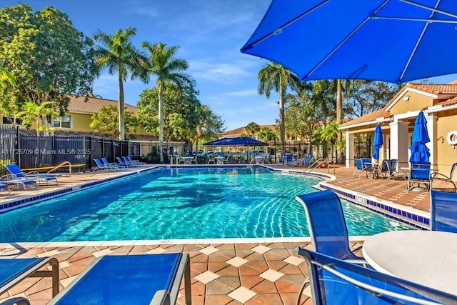 view of swimming pool featuring a patio area