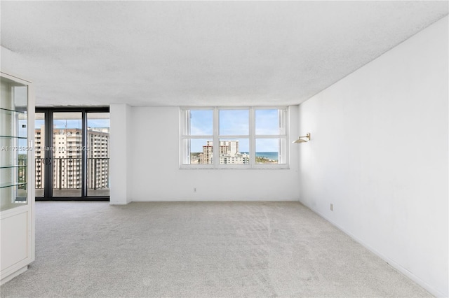 empty room with a textured ceiling and light carpet