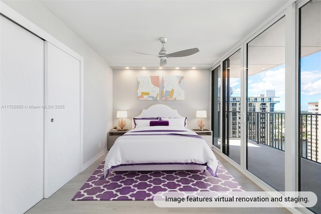 bedroom featuring floor to ceiling windows, ceiling fan, access to exterior, and multiple windows