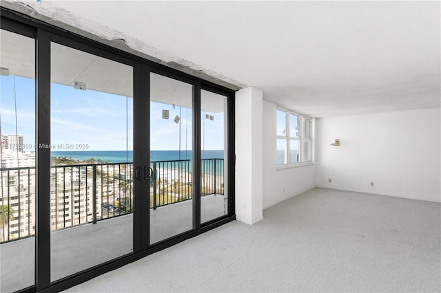 spare room with light colored carpet, a water view, a view of the beach, and a wealth of natural light