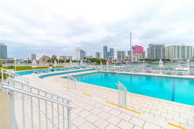 view of swimming pool featuring a patio