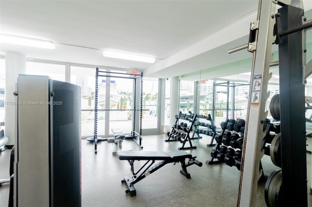 exercise room featuring floor to ceiling windows