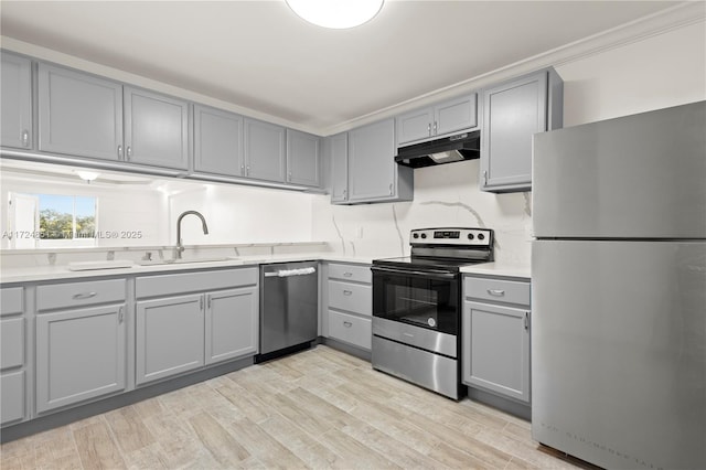 kitchen with stainless steel appliances, light hardwood / wood-style floors, crown molding, gray cabinetry, and sink