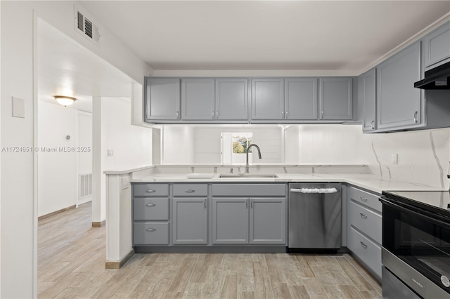 kitchen with sink, electric range oven, light hardwood / wood-style floors, stainless steel dishwasher, and gray cabinets