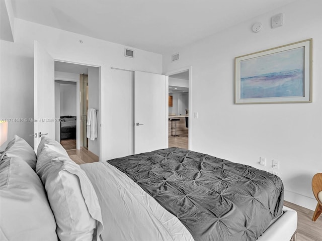 bedroom featuring wood-type flooring and a closet