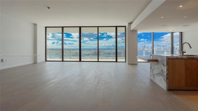 interior space featuring sink, light hardwood / wood-style floors, a water view, and plenty of natural light