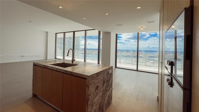 kitchen featuring an island with sink, a water view, light wood-type flooring, floor to ceiling windows, and sink