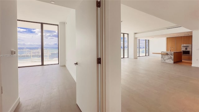 corridor featuring sink, light wood-type flooring, and expansive windows