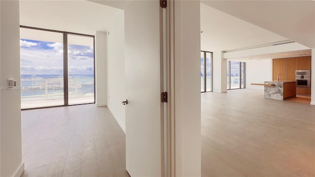 hall with light wood-type flooring, a wall of windows, and sink