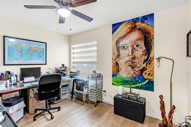 office featuring ceiling fan and light wood-type flooring