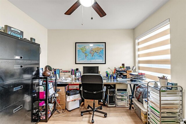 office space with light hardwood / wood-style floors and ceiling fan